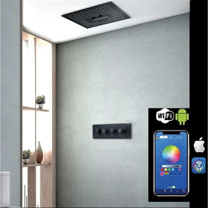 Fontana Geneva Matte Black Stainless Steel Ceiling Mounted Phone Controlled Smart LED Rainfall Waterfall Shower System