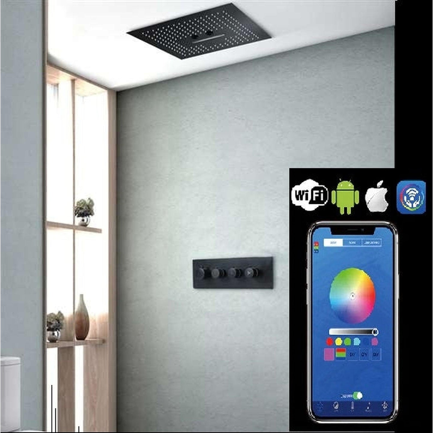 Fontana Geneva Matte Black Stainless Steel Ceiling Mounted Phone Controlled Smart LED Rainfall Waterfall Shower System