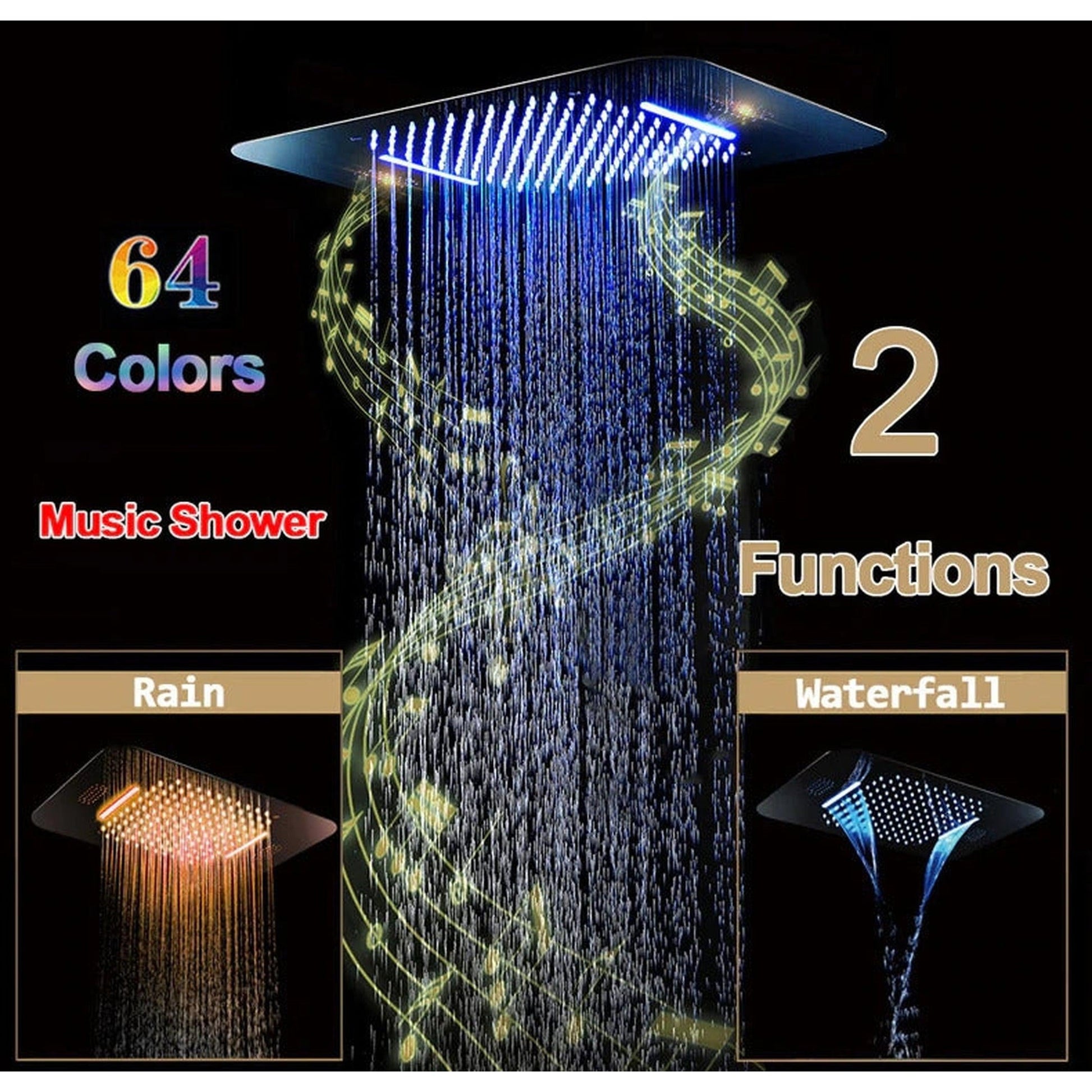 Fontana Geneva Square Ceiling Mounted Phone Controlled Rainfall Waterfall LED Musical Thermostatic Bathroom Shower System With 6-Body Jets and Hand Shower