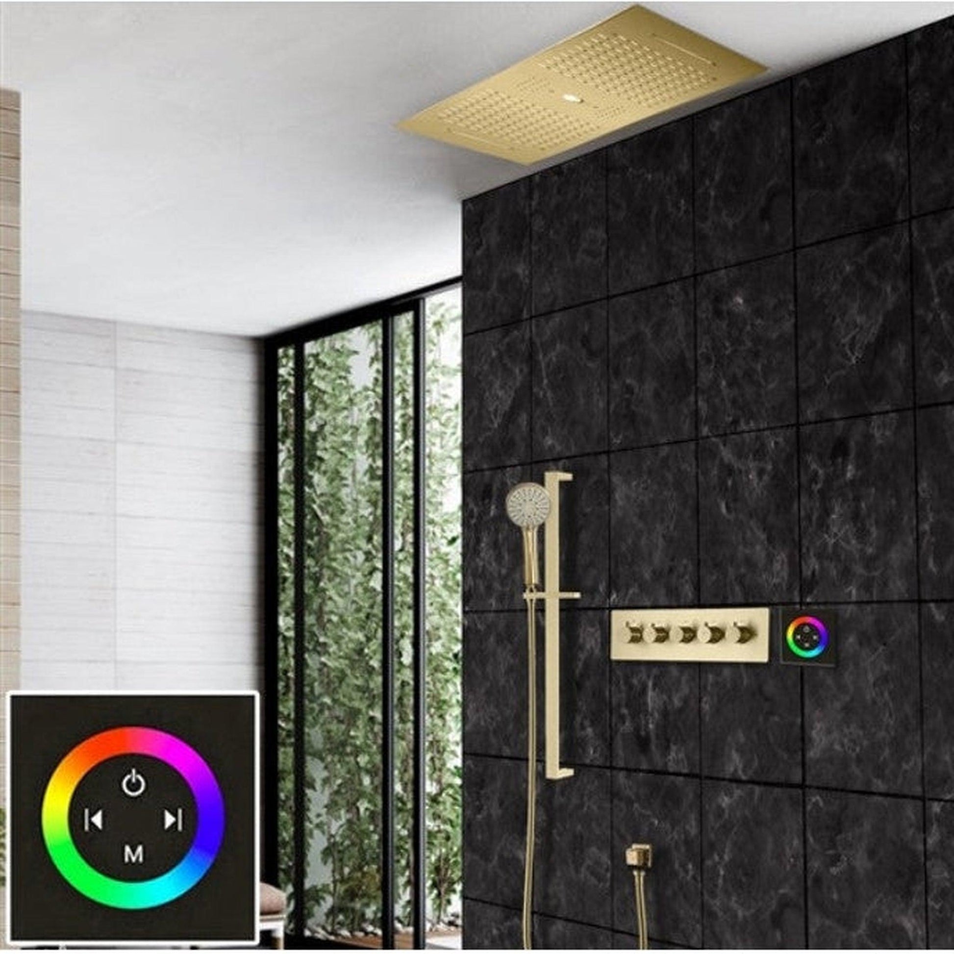 Fontana Genoa Brushed Gold Rectangular Recessed Ceiling Mounted Shower Head Rainfall & Waterfall LED Shower System With Touch Panel Control and Hand Shower
