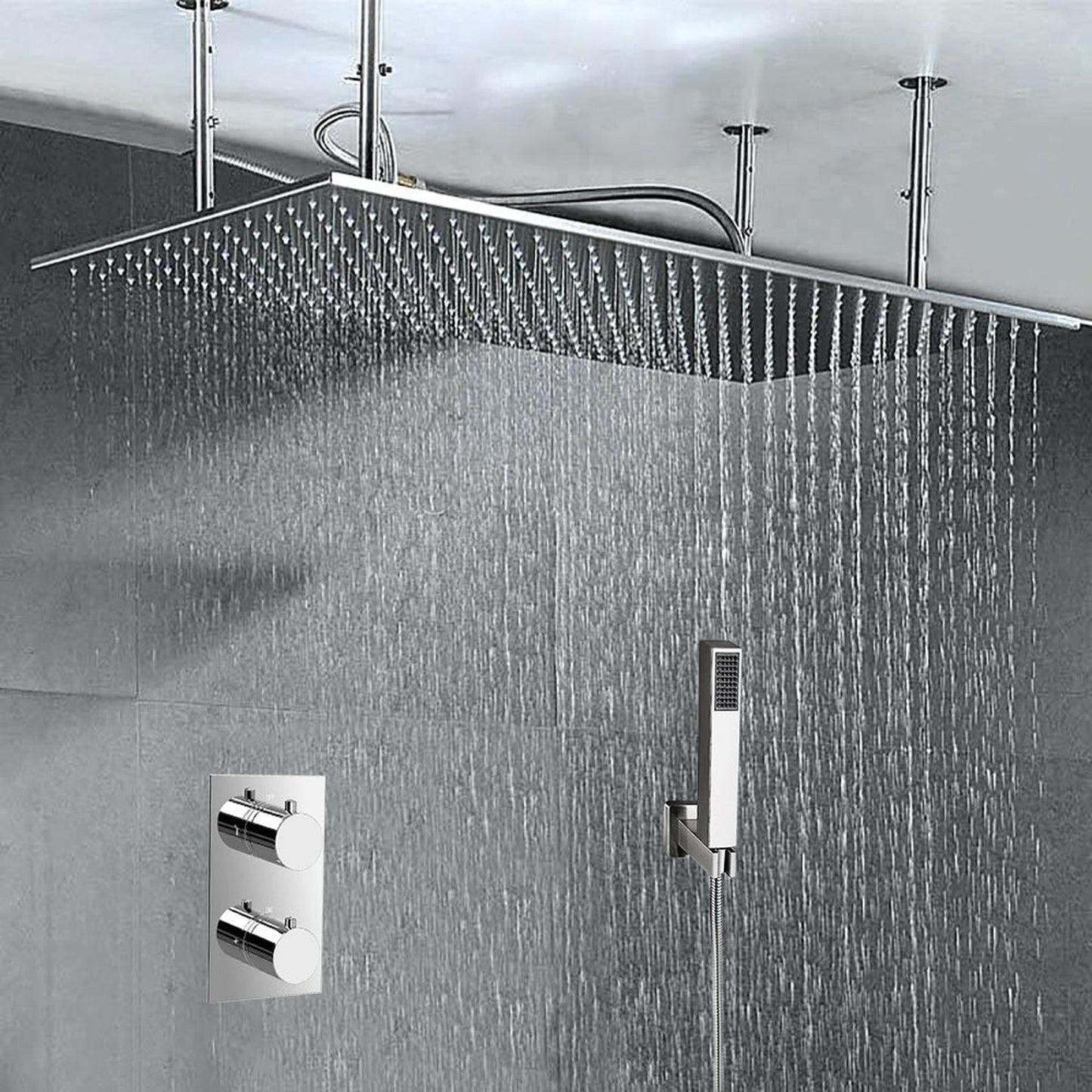 Fontana Genoa Sandino Creative Luxury Stainless Steel Rectangular Ceiling Mounted Thermostatic Rainfall LED Shower System With Hand Shower