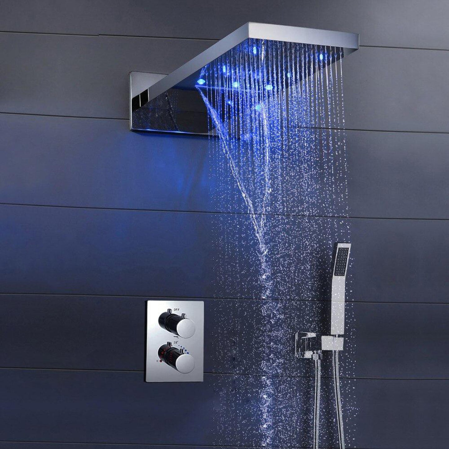 Fontana Gordola Chrome Wall-Mounted LED Waterfall Rain Bathroom Shower Head Set