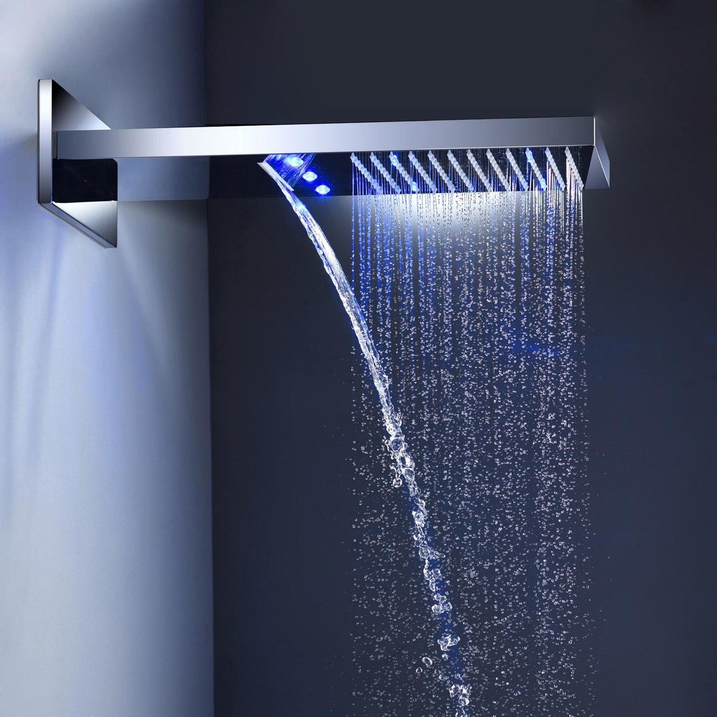 Fontana Gordola Chrome Wall-Mounted LED Waterfall Rain Bathroom Shower Head Set