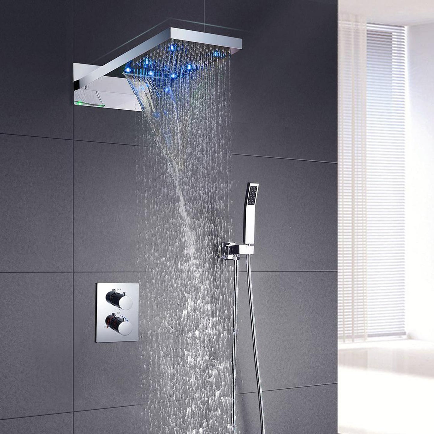 Fontana Gordola Chrome Wall-Mounted LED Waterfall Rain Bathroom Shower Head Set