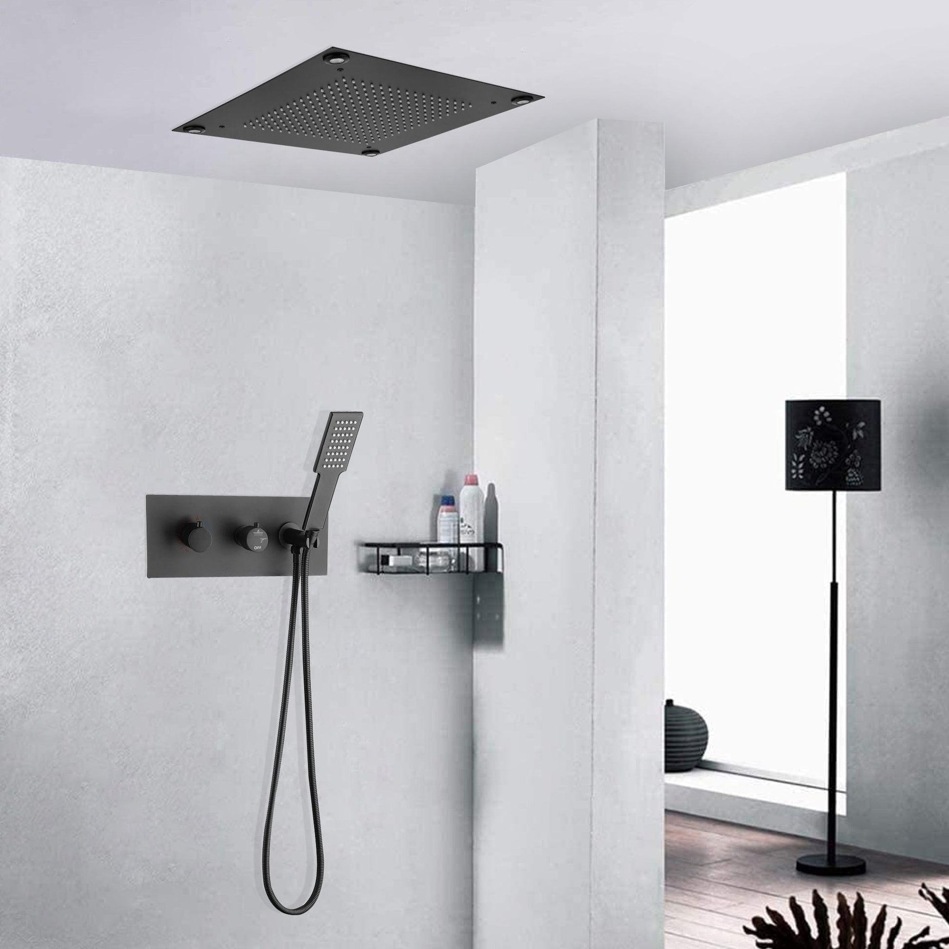 Fontana Lecce Matte Black Recessed Ceiling Mounted Luxury LED Thermostatic Rainfall Shower System With Hand Shower