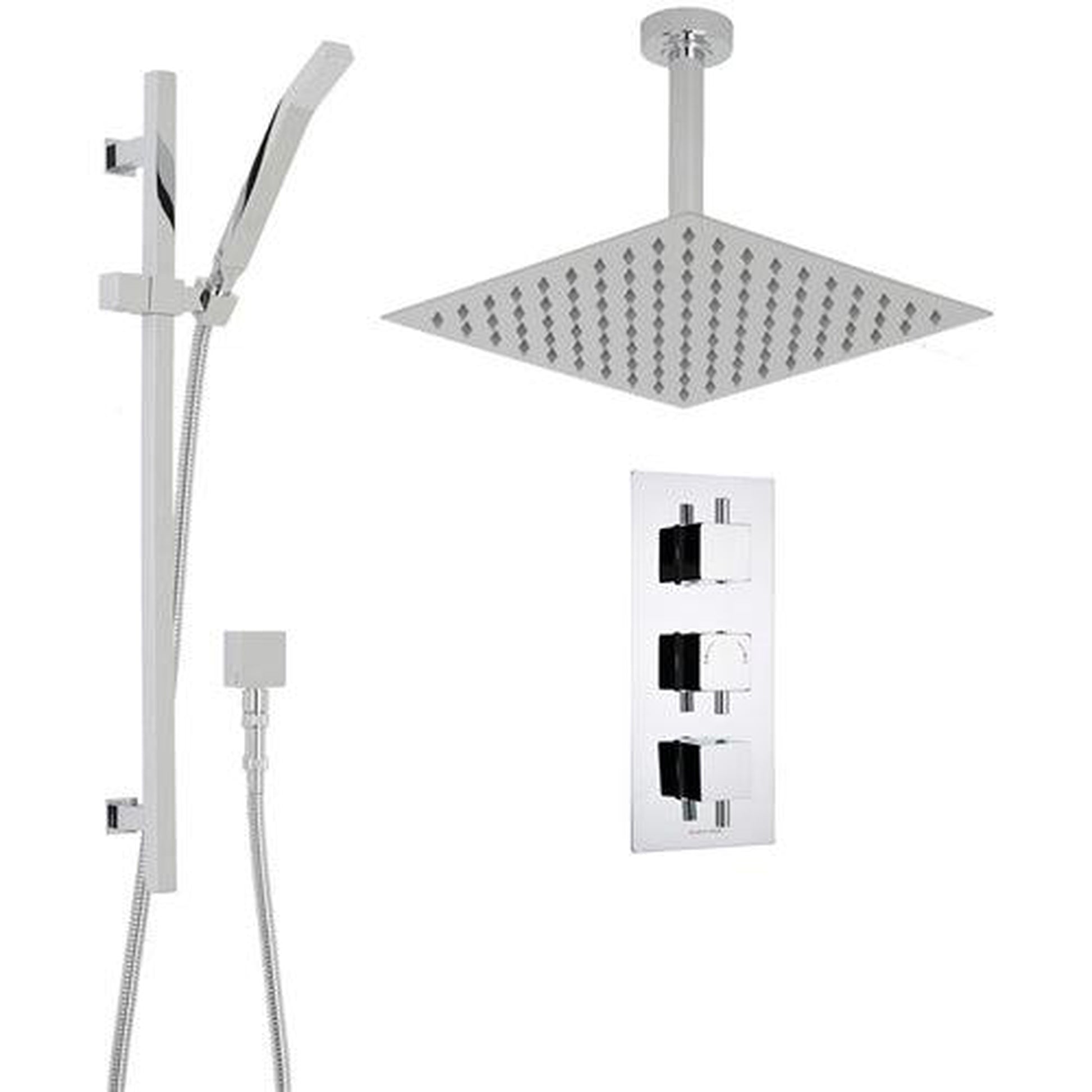 Fontana Liverpool 10" Chrome Square Ceiling Mounted Thermostatic Rainfall Shower System With Hand Shower and With Water Powered LED Lights