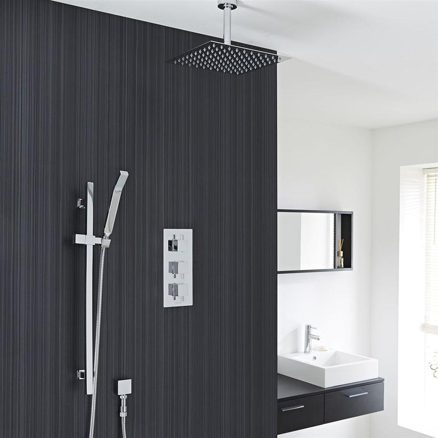 Fontana Liverpool 10" Chrome Square Ceiling Mounted Thermostatic Rainfall Shower System With Hand Shower and With Water Powered LED Lights