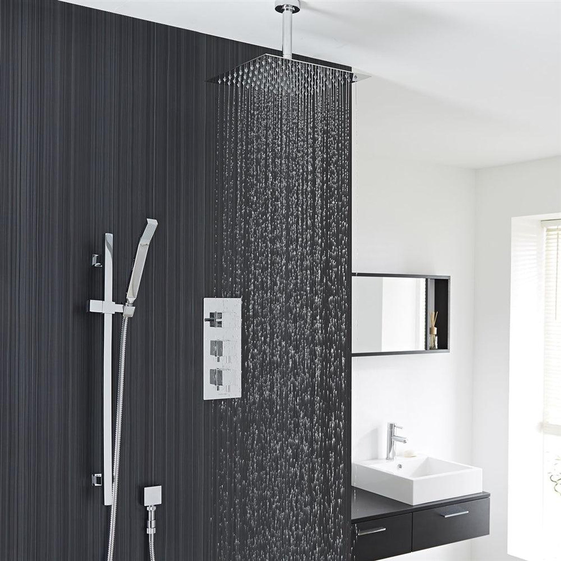 Fontana Liverpool 10" Chrome Square Ceiling Mounted Thermostatic Rainfall Shower System With Hand Shower and With Water Powered LED Lights