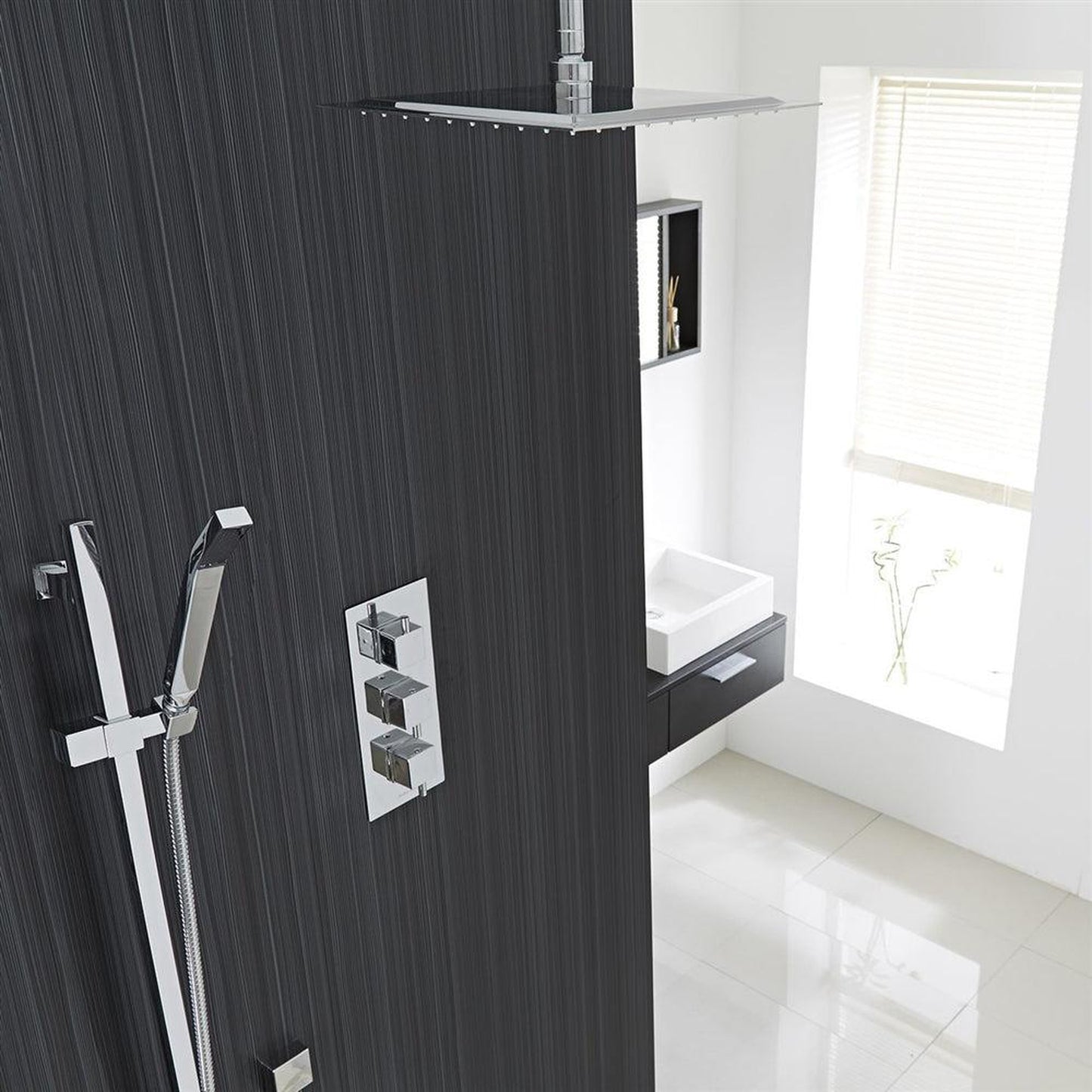 Fontana Liverpool 10" Chrome Square Ceiling Mounted Thermostatic Rainfall Shower System With Hand Shower and With Water Powered LED Lights