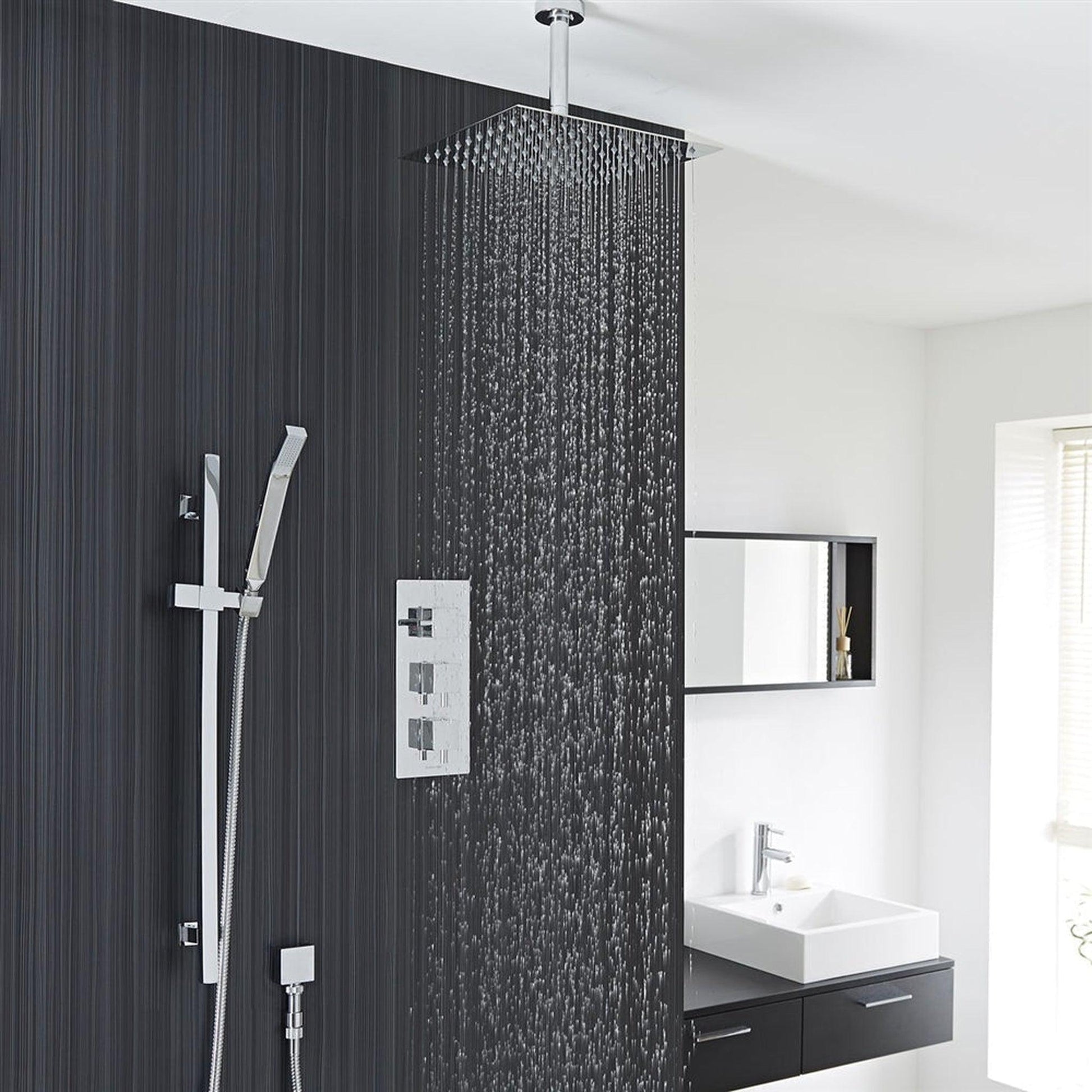 Fontana Liverpool 10" Chrome Square Ceiling Mounted Thermostatic Rainfall Shower System With Hand Shower and Without Water Powered LED Lights