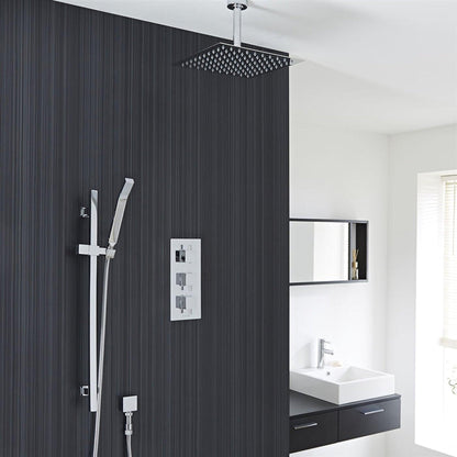 Fontana Liverpool 12" Chrome Square Ceiling Mounted Thermostatic Rainfall Shower System With Hand Shower and Without Water Powered LED Lights