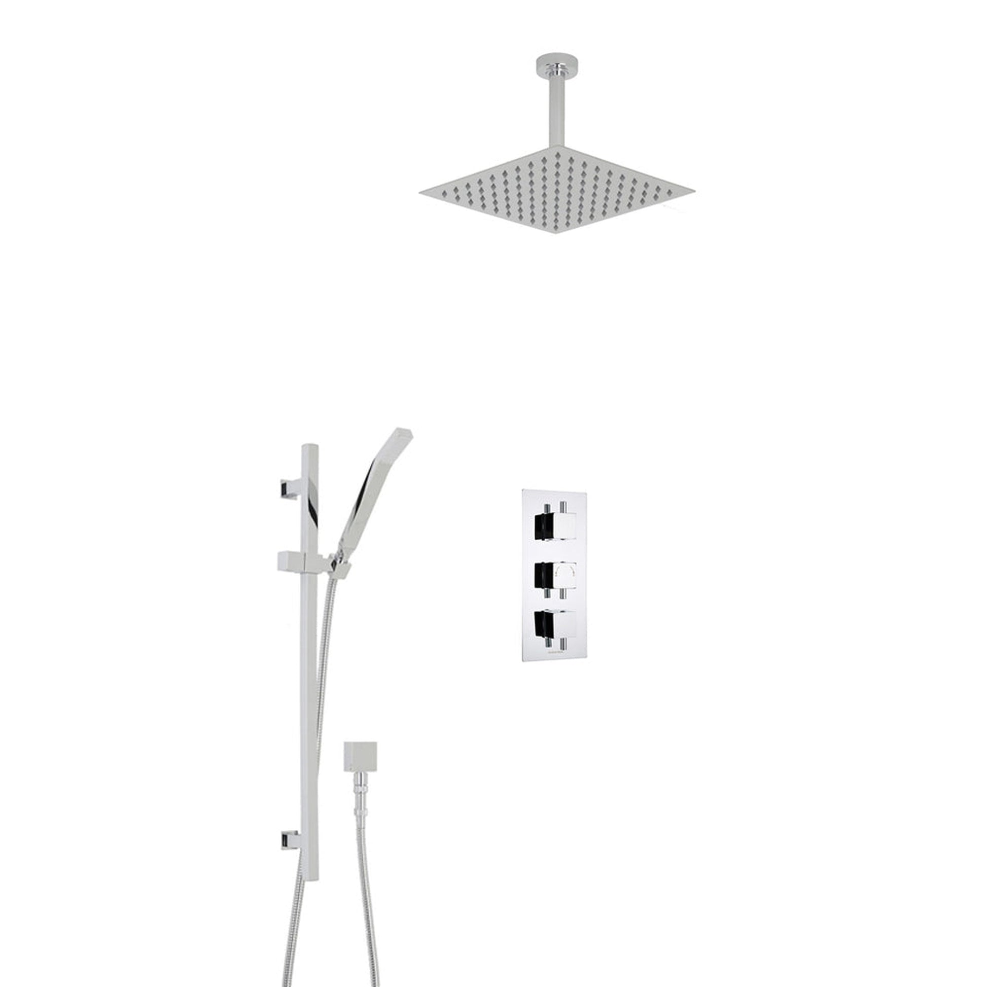 Fontana Liverpool 16" Chrome Square Ceiling Mounted Thermostatic Rainfall Shower System With Hand Shower and Without Water Powered LED Lights