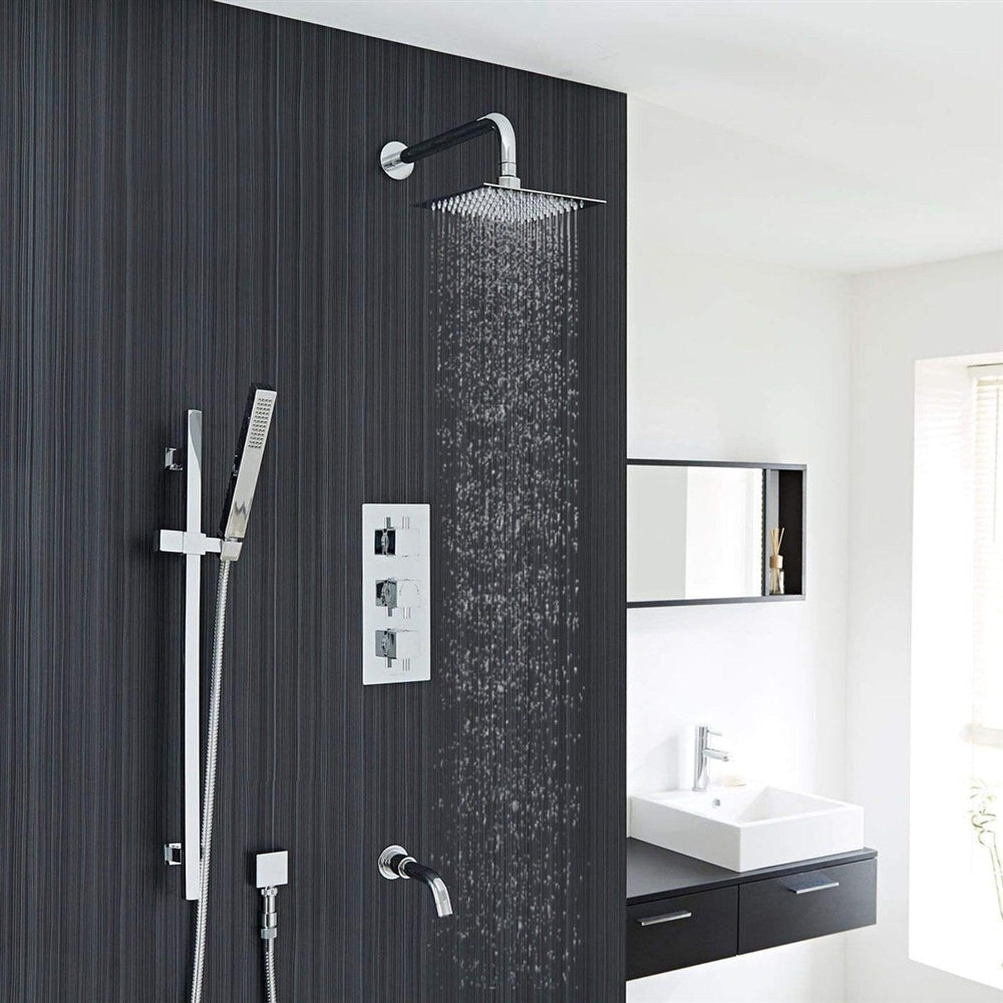 Fontana Liverpool Chrome 12" Wall-Mounted Thermostatic Rainfall Shower System With Hand Shower and Without Water Power LED Lights