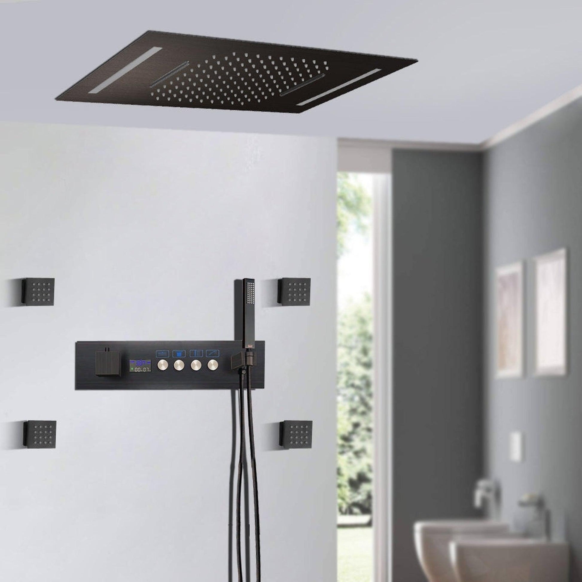Fontana Livorno Oil Rubbed Bronze Recessed Ceiling Mounted LED Thermostatic Waterfall Rainfall Shower System With 4-Jet Body Sprays and Hand Shower
