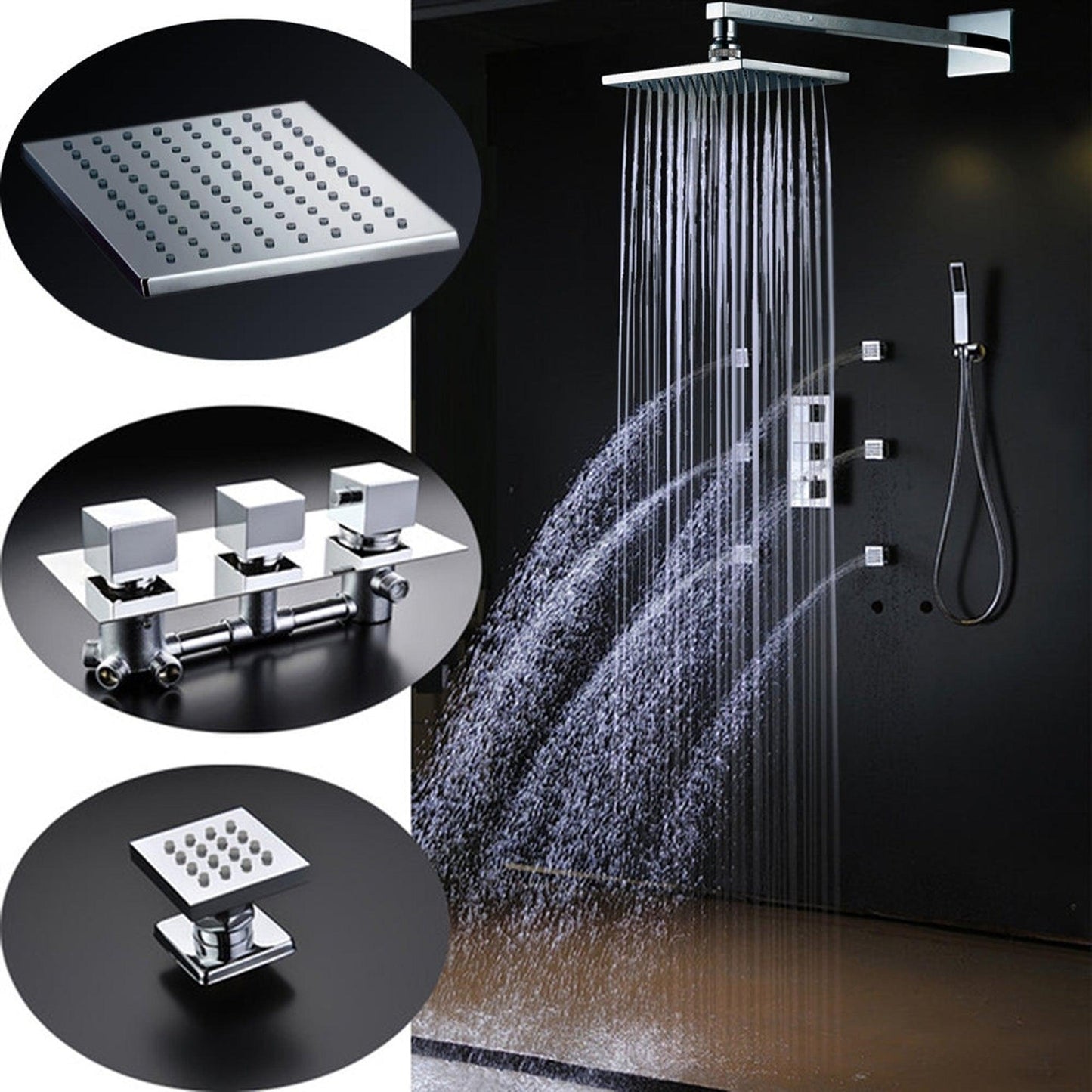 Fontana Lombardy 8" Chrome Large Square Wall-Mounted Shower System With 6-Massage Jets and Hand Shower