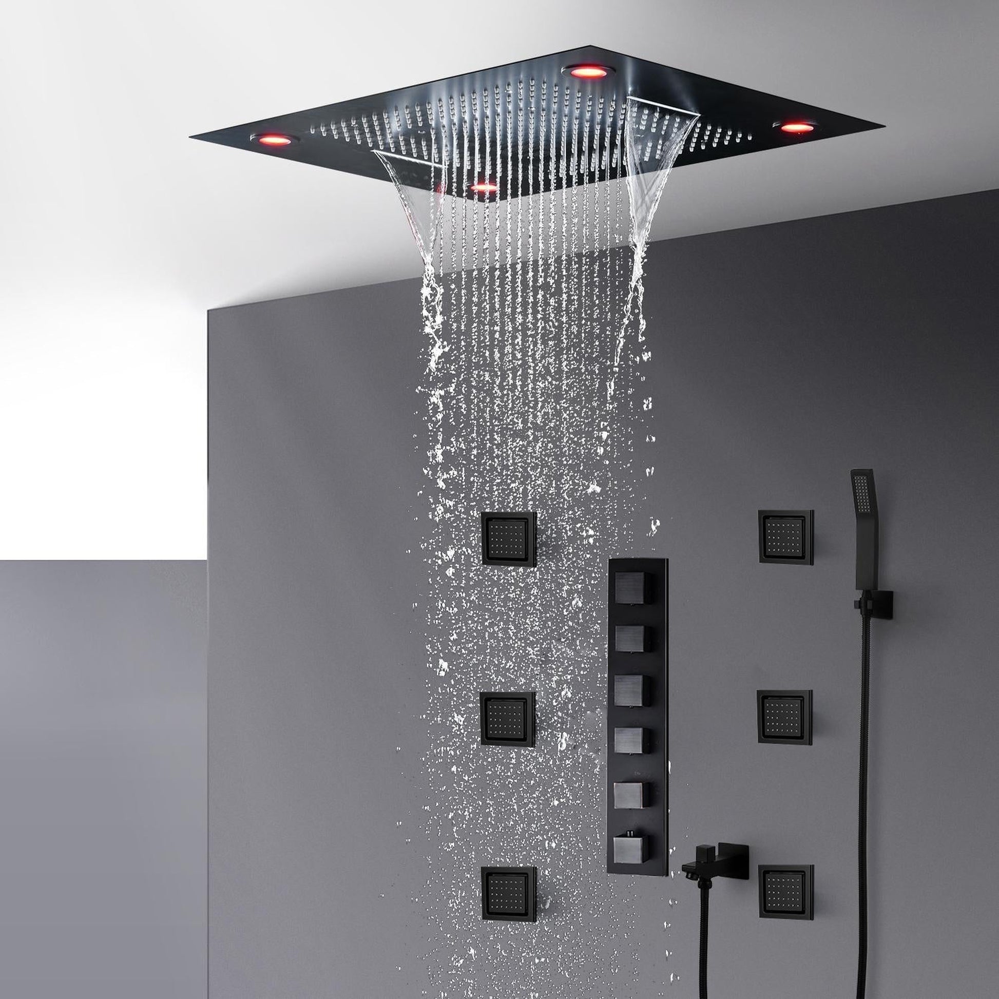 Fontana Luigi Matte Black Ceiling Mounted LED Remote Control Brass Shower Set