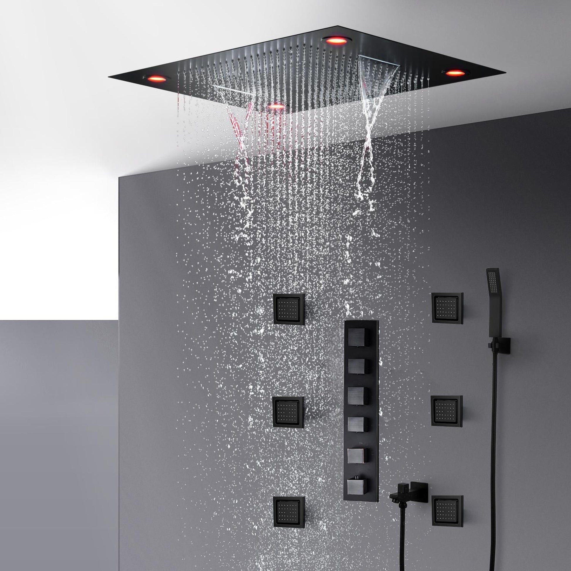 Fontana Luigi Matte Black Ceiling Mounted LED Remote Control Brass Shower Set