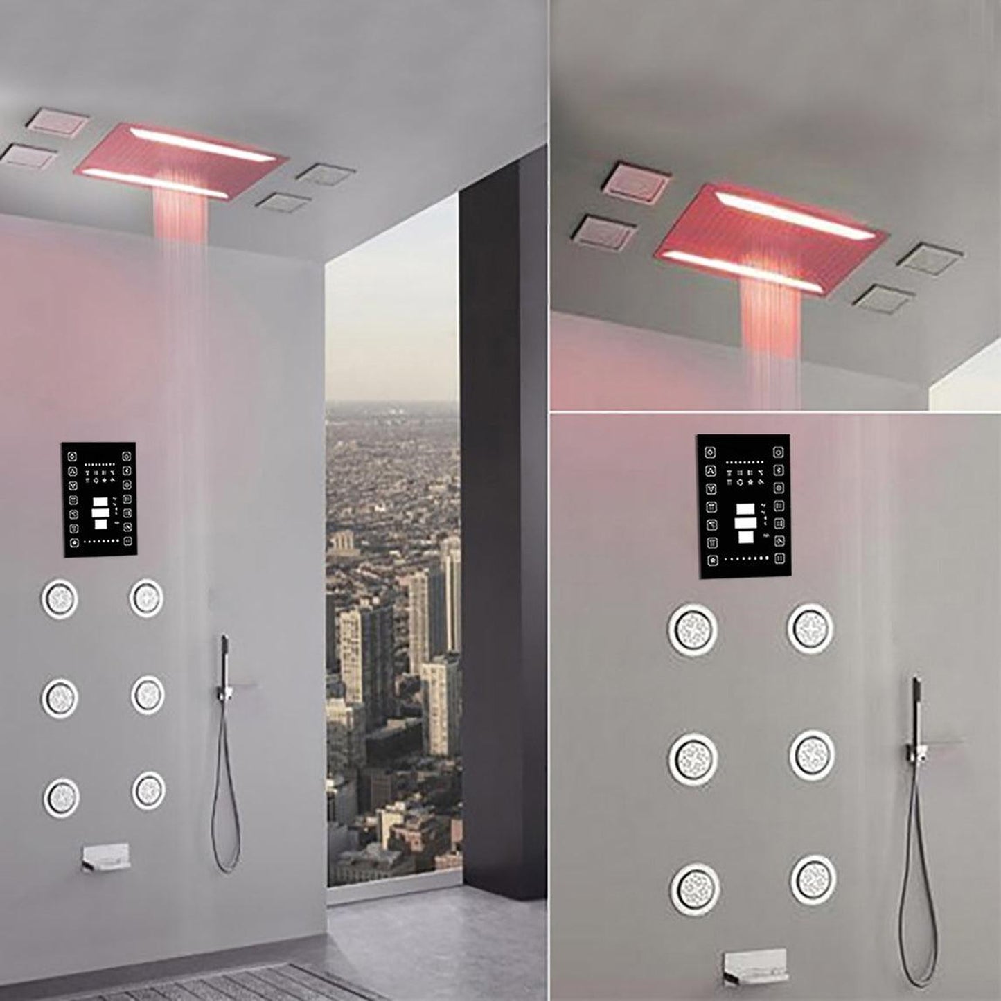 Fontana Luxurious Recessed Large LED Waterfall Rainfall Shower System With 6-Body Jets and Hand Shower