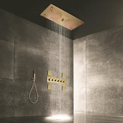 Fontana Mantua Brushed Gold Recessed Ceiling Mounted Thermostatic Musical LED Rainfall Shower System With Hand Shower and 4-Jet Body Sprays