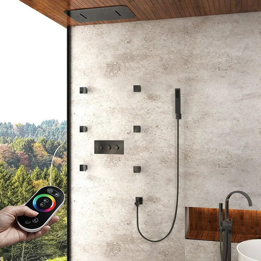 Fontana Marsala Matte Black Ceiling Mounted Remote Controlled Music Smart LED Rainfall Waterfall Shower System With Massage Jets and Hand Shower