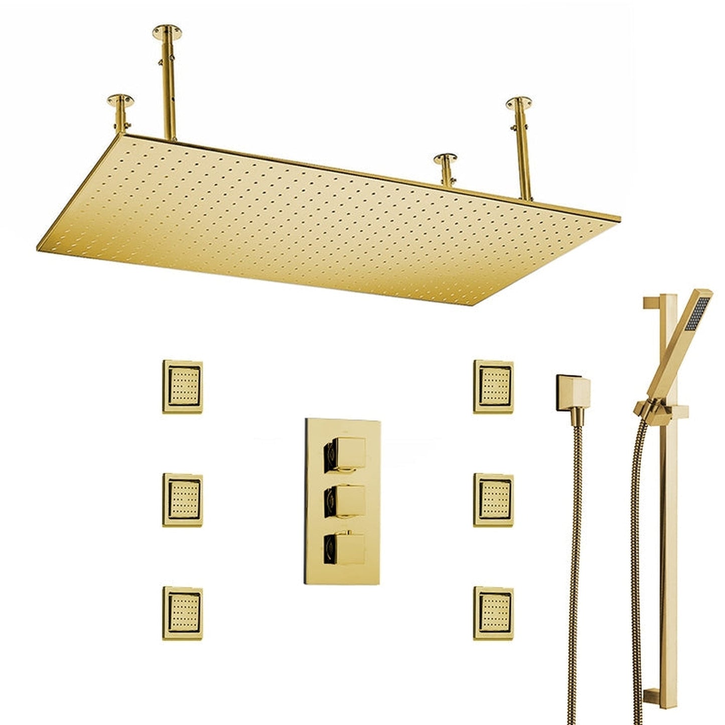 Fontana Martinique Creative Luxury Large Brushed Gold Rectangular Ceiling Mounted LED Solid Brass Shower Head Rain Shower System With 6-Jet Body Sprays and Hand Shower