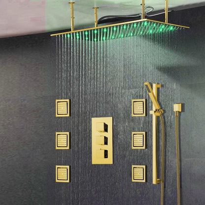 Fontana Martinique Creative Luxury Large Gold Rectangular Ceiling Mounted LED Solid Brass Shower Head Rain Shower System With 6-Jet Body Sprays and Hand Shower