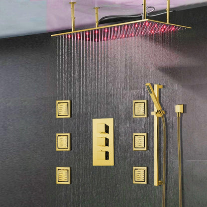 Fontana Martinique Creative Luxury Large Gold Rectangular Ceiling Mounted LED Solid Brass Shower Head Rain Shower System With 6-Jet Body Sprays and Hand Shower