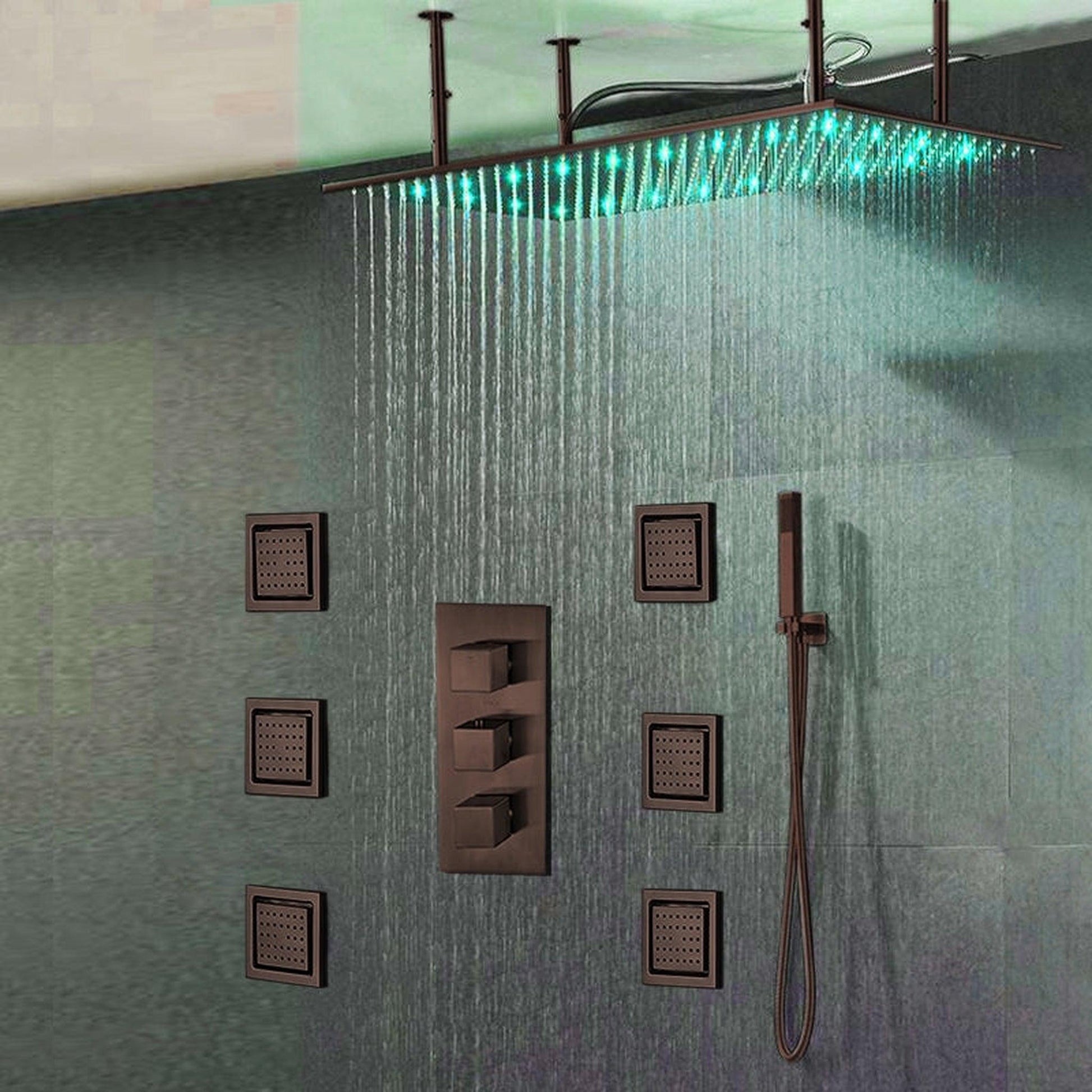 Fontana Martinique Creative Luxury Large Light Oil Rubbed Bronze Rectangular Ceiling Mounted LED Solid Brass Shower Head Rain Shower System With 6-Jet Body Sprays and Hand Shower