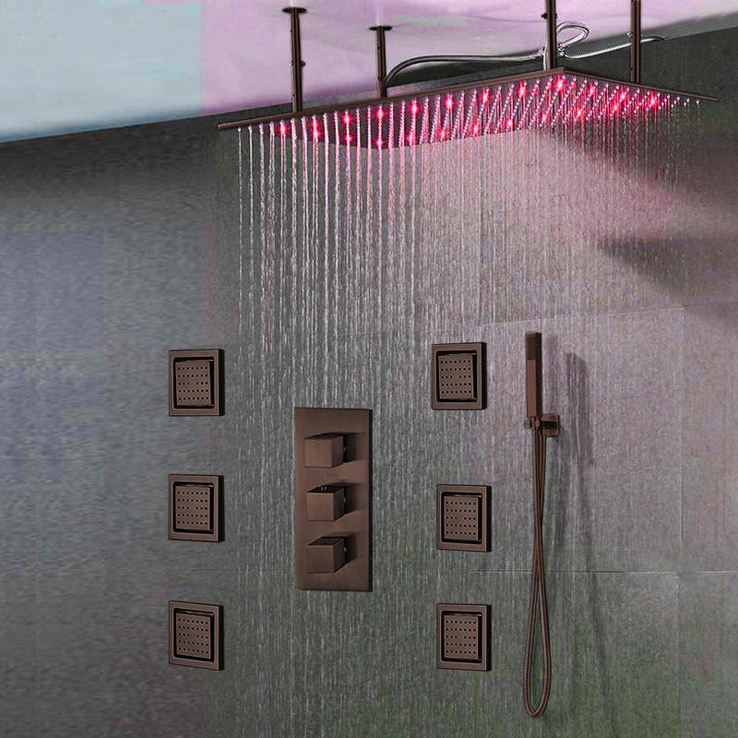 Fontana Martinique Creative Luxury Large Light Oil Rubbed Bronze Rectangular Ceiling Mounted LED Solid Brass Shower Head Rain Shower System With 6-Jet Body Sprays and Hand Shower