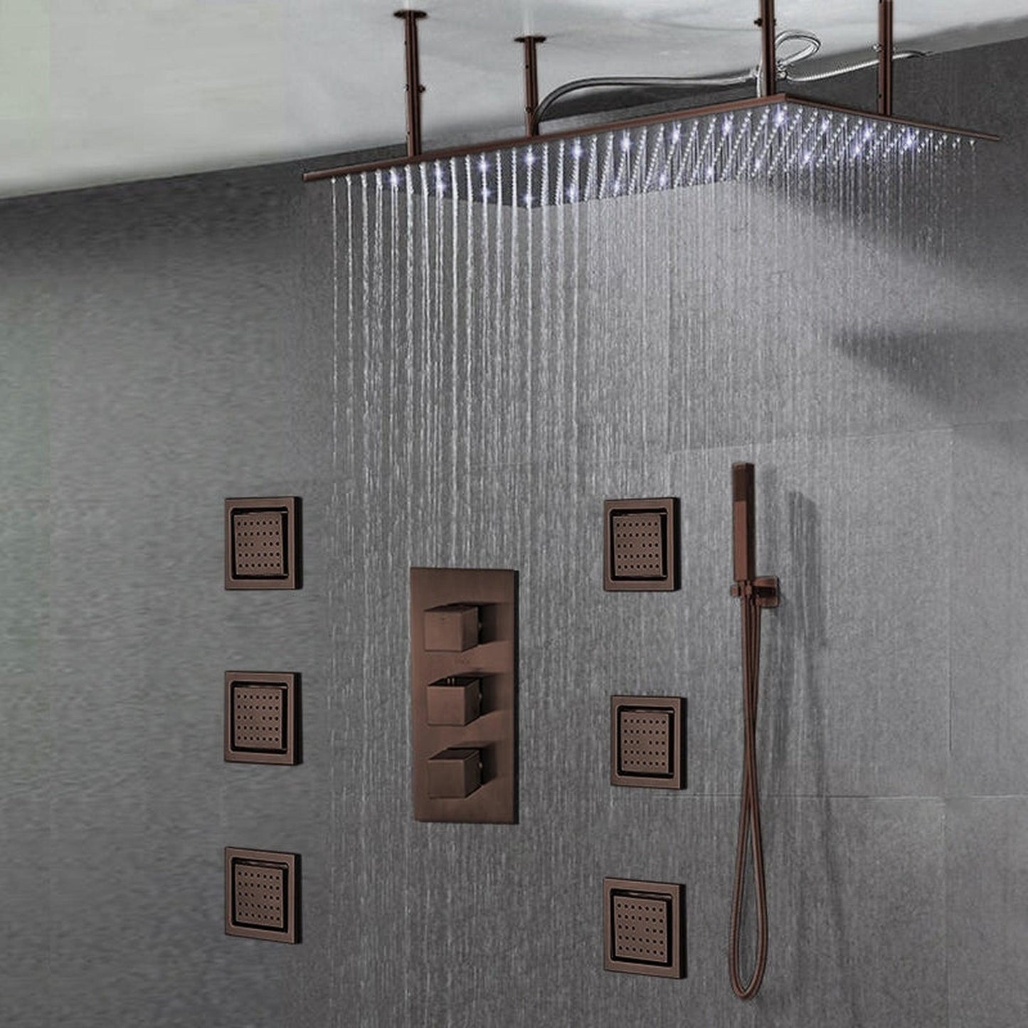 Fontana Martinique Creative Luxury Large Light Oil Rubbed Bronze Rectangular Ceiling Mounted LED Solid Brass Shower Head Rain Shower System With 6-Jet Body Sprays and Hand Shower