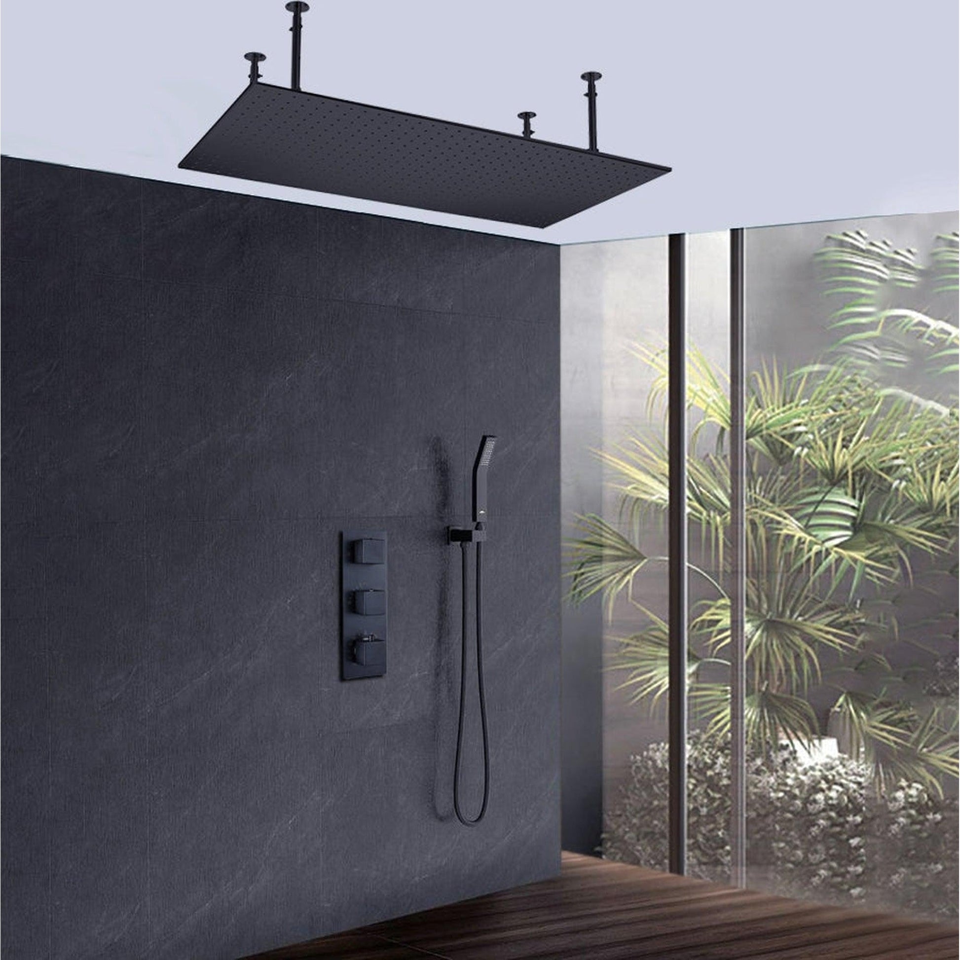Fontana Martinique Creative Luxury Large Matte Black Rectangular Ceiling Mounted LED Solid Brass Shower Head Rain Shower System With Hand Shower