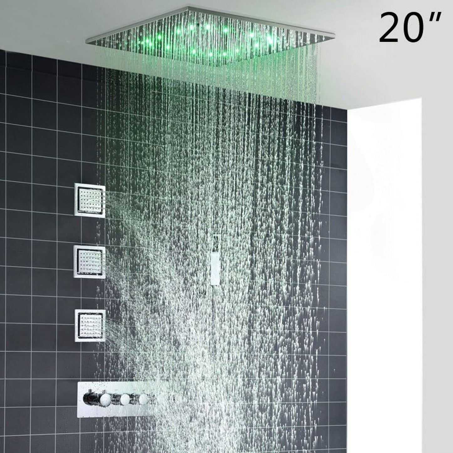 Fontana Melun Chrome Ceiling Mounted LED Changing Rainfall Shower System With 3-Body Jets and Hand Shower