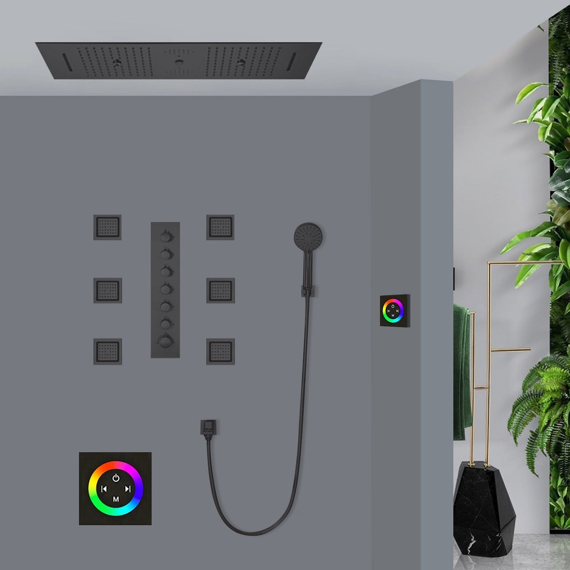 Fontana Monza Matte Black Recessed Ceiling Mounted Luxurious Touch Panel Controlled Thermostatic LED Musical Rainfall Shower System With Hand Shower and 6-Jet Body Sprays