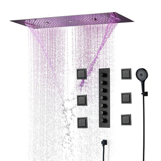 Fontana Monza Matte Black Recessed Ceiling Mounted Luxurious Touch Panel Controlled Thermostatic LED Musical Rainfall Shower System With Hand Shower and 6-Jet Body Sprays