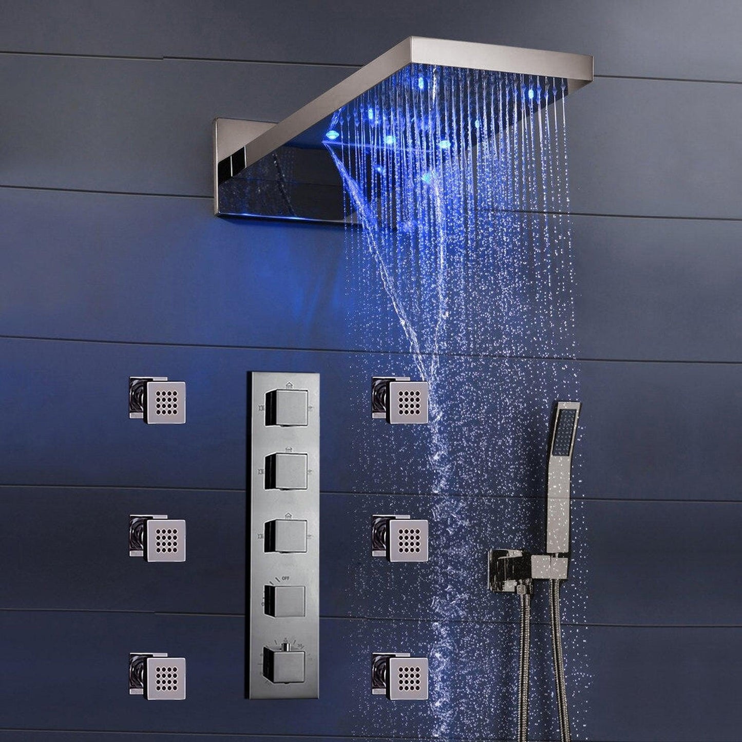 Fontana Mugla Brushed Nickel Wall-Mounted LED Thermostatic Waterfall Rain Shower System With 6-Massage Body Sprays and Hand Shower