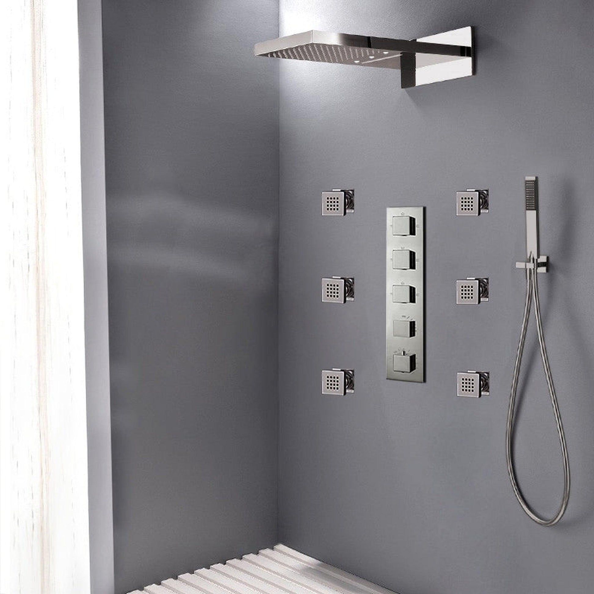 Fontana Mugla Brushed Nickel Wall-Mounted LED Thermostatic Waterfall Rain Shower System With 6-Massage Body Sprays and Hand Shower