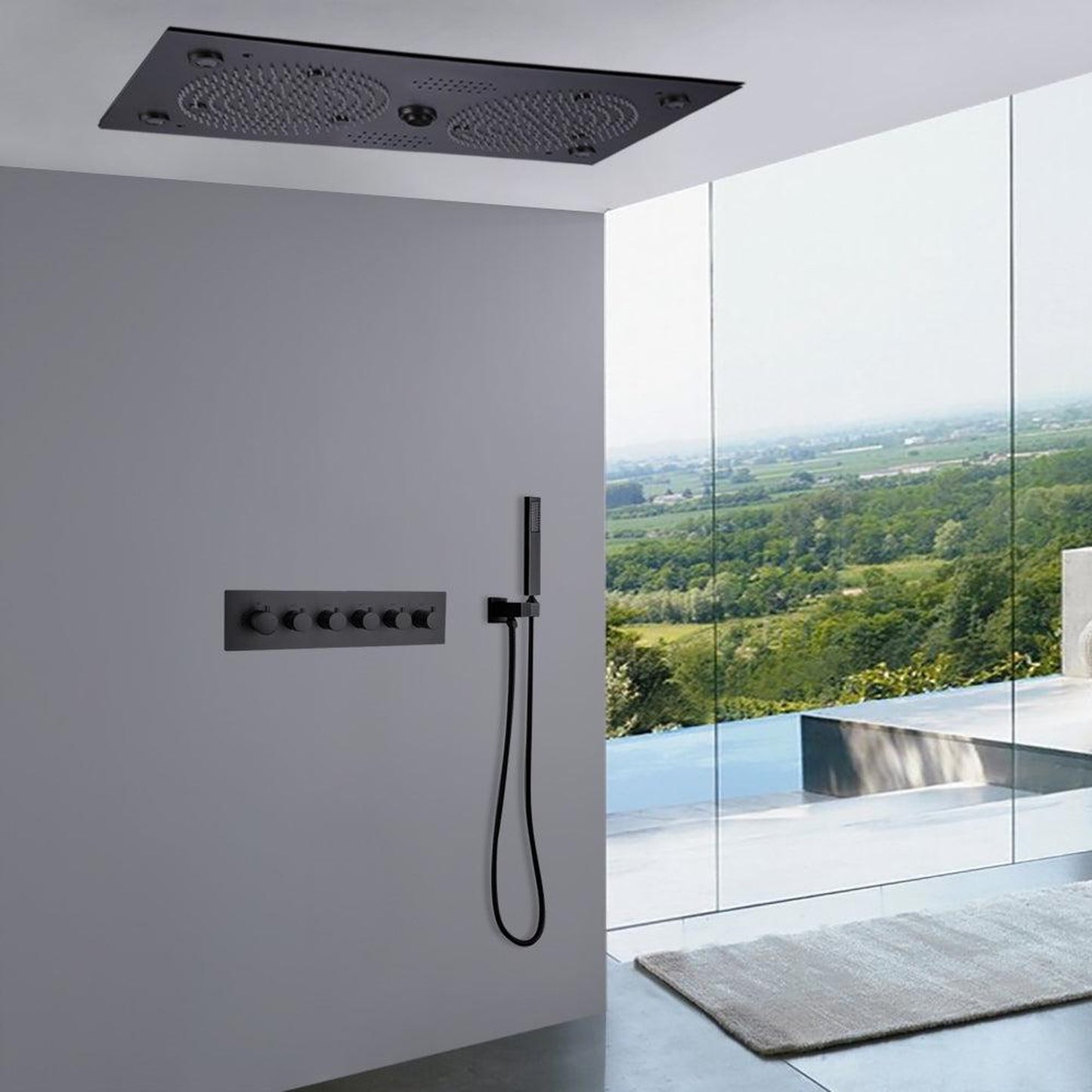 Fontana Naples Matte Black Recessed Ceiling Mount Thermostatic LED Rainfall Shower System With Sound System and Hand Shower
