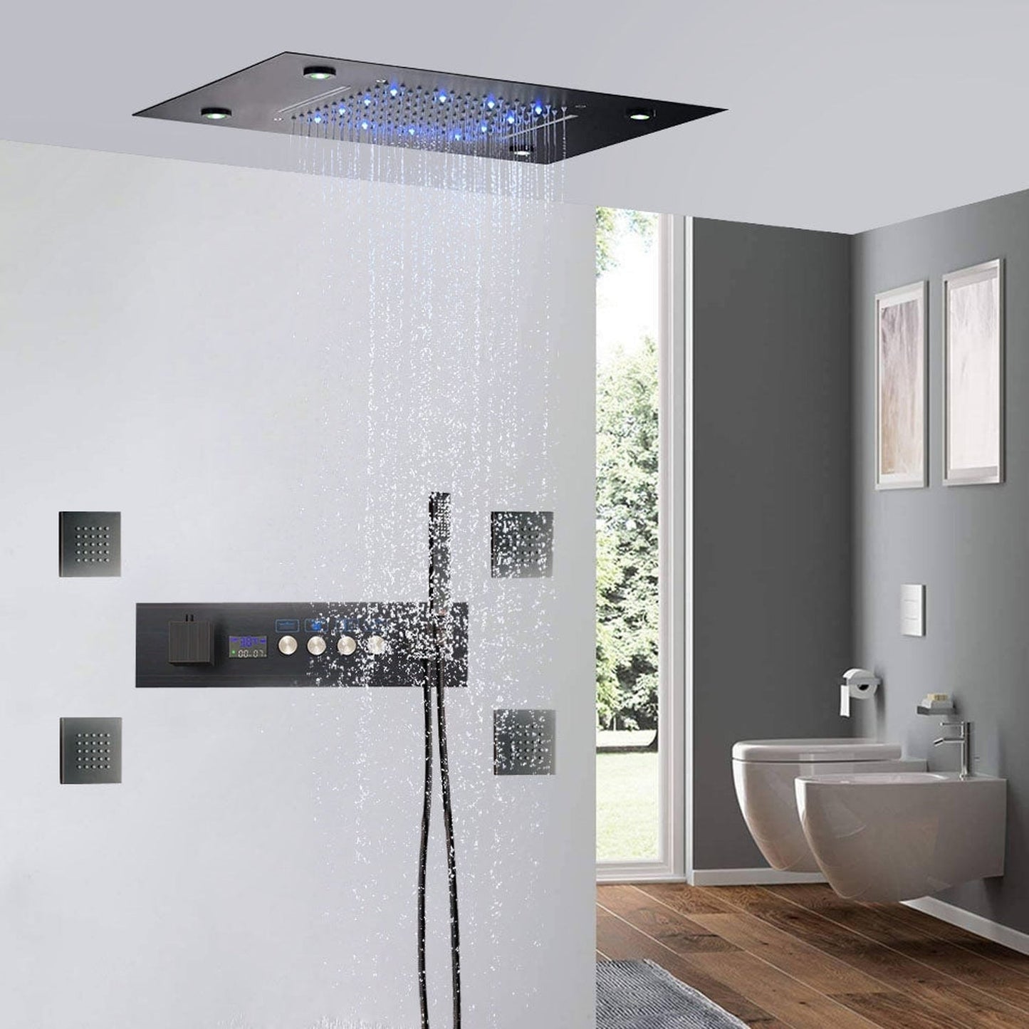 Fontana Naples Oil Rubbed Bronze Ceiling Mounted Musical Thermostatic LED Rainfall Shower System With 4-Body Jets and Hand Shower