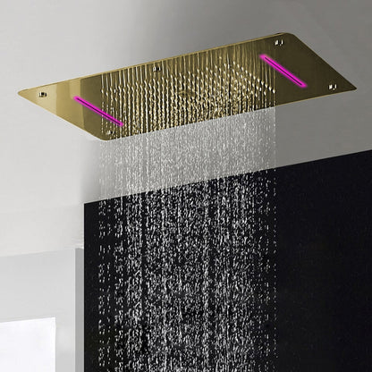 Fontana Novara Brushed Gold Recessed Ceiling Mounted Thermostatic LED Waterfall Mist Rainfall Shower System With 4-Jet Body Sprays and Hand Shower