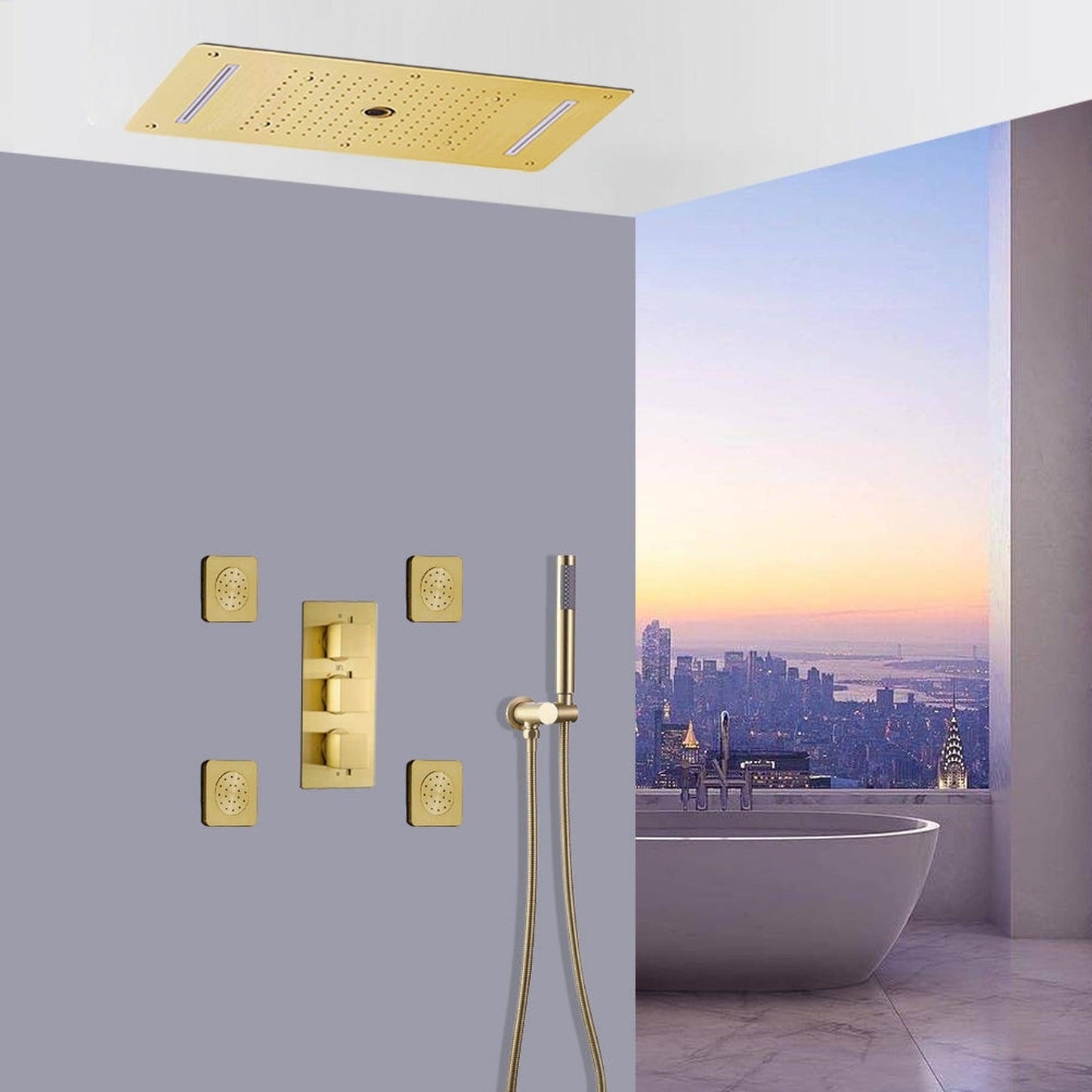 Fontana Novara Brushed Gold Recessed Ceiling Mounted Thermostatic LED Waterfall Mist Rainfall Shower System With 4-Jet Body Sprays and Hand Shower