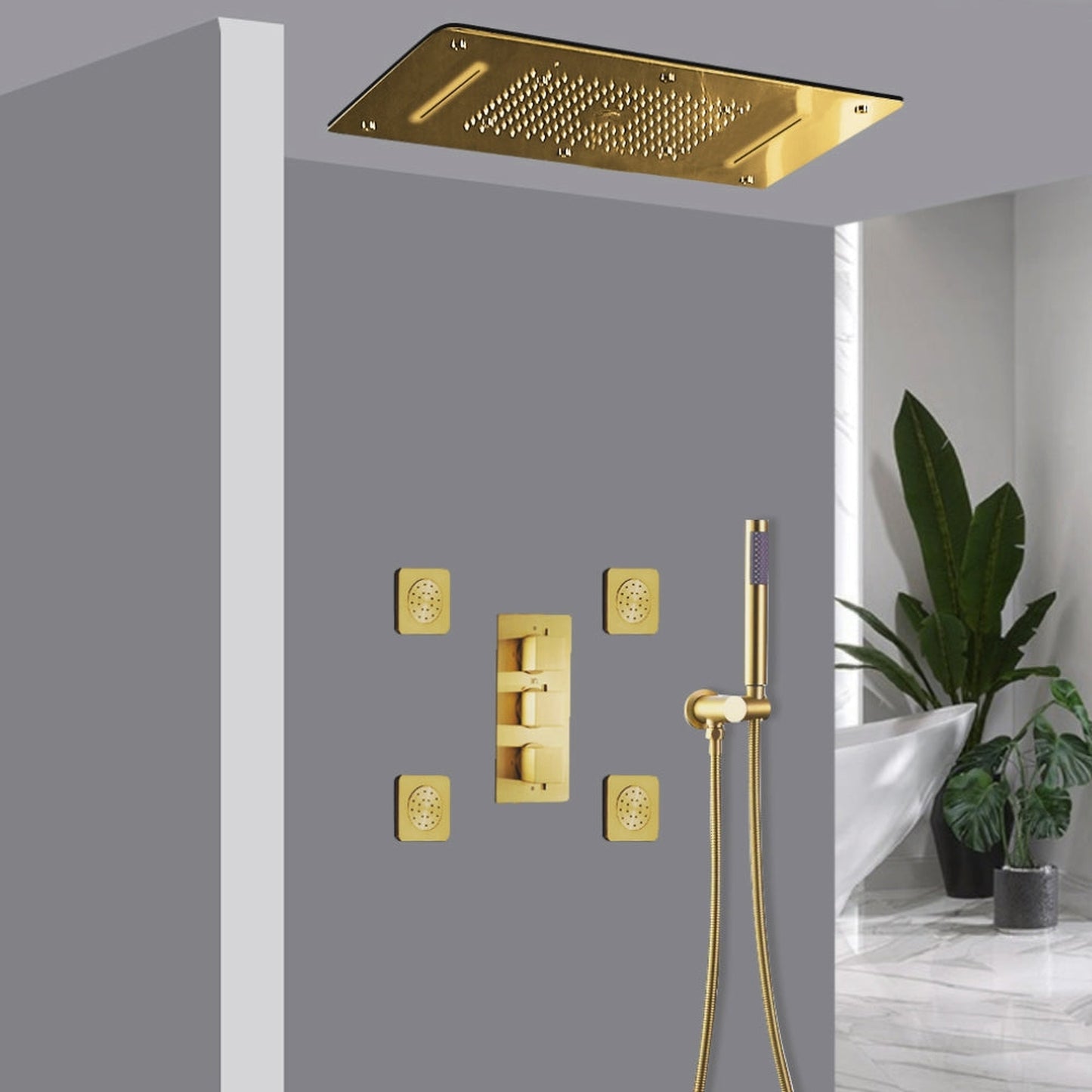 Fontana Novara Brushed Gold Recessed Ceiling Mounted Thermostatic LED Waterfall Mist Rainfall Shower System With 4-Jet Body Sprays and Hand Shower