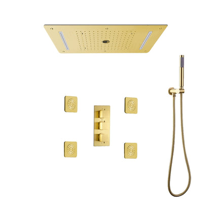 Fontana Novara Brushed Gold Recessed Ceiling Mounted Thermostatic LED Waterfall Mist Rainfall Shower System With 4-Jet Body Sprays and Hand Shower