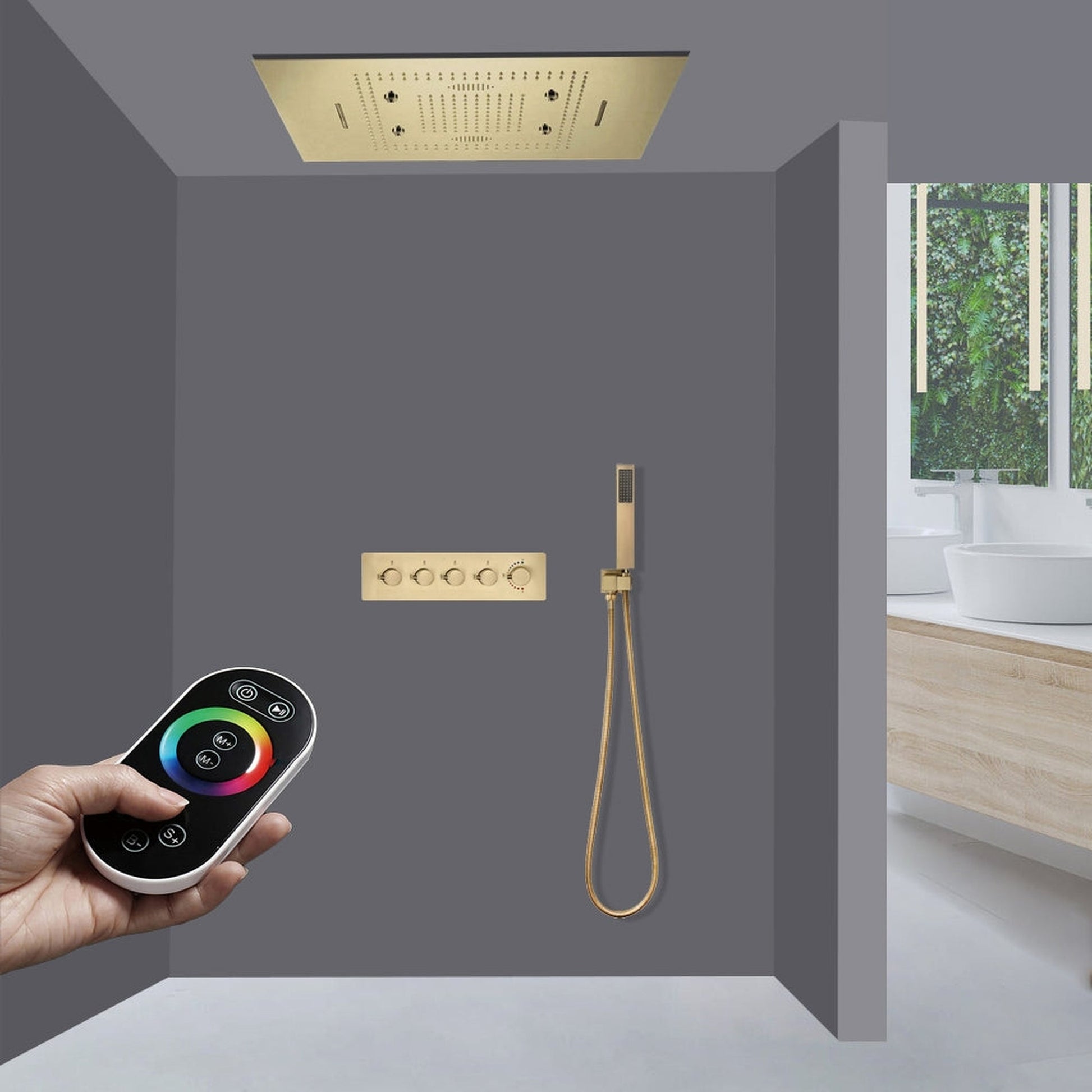 Fontana Novara Brushed Gold Recessed Ceiling Mounted Thermostatic Remote Controlled Musical Mist Waterfall Rainfall Shower System With Hand Shower