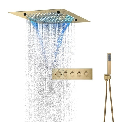 Fontana Novara Brushed Gold Recessed Ceiling Mounted Thermostatic Remote Controlled Musical Mist Waterfall Rainfall Shower System With Hand Shower