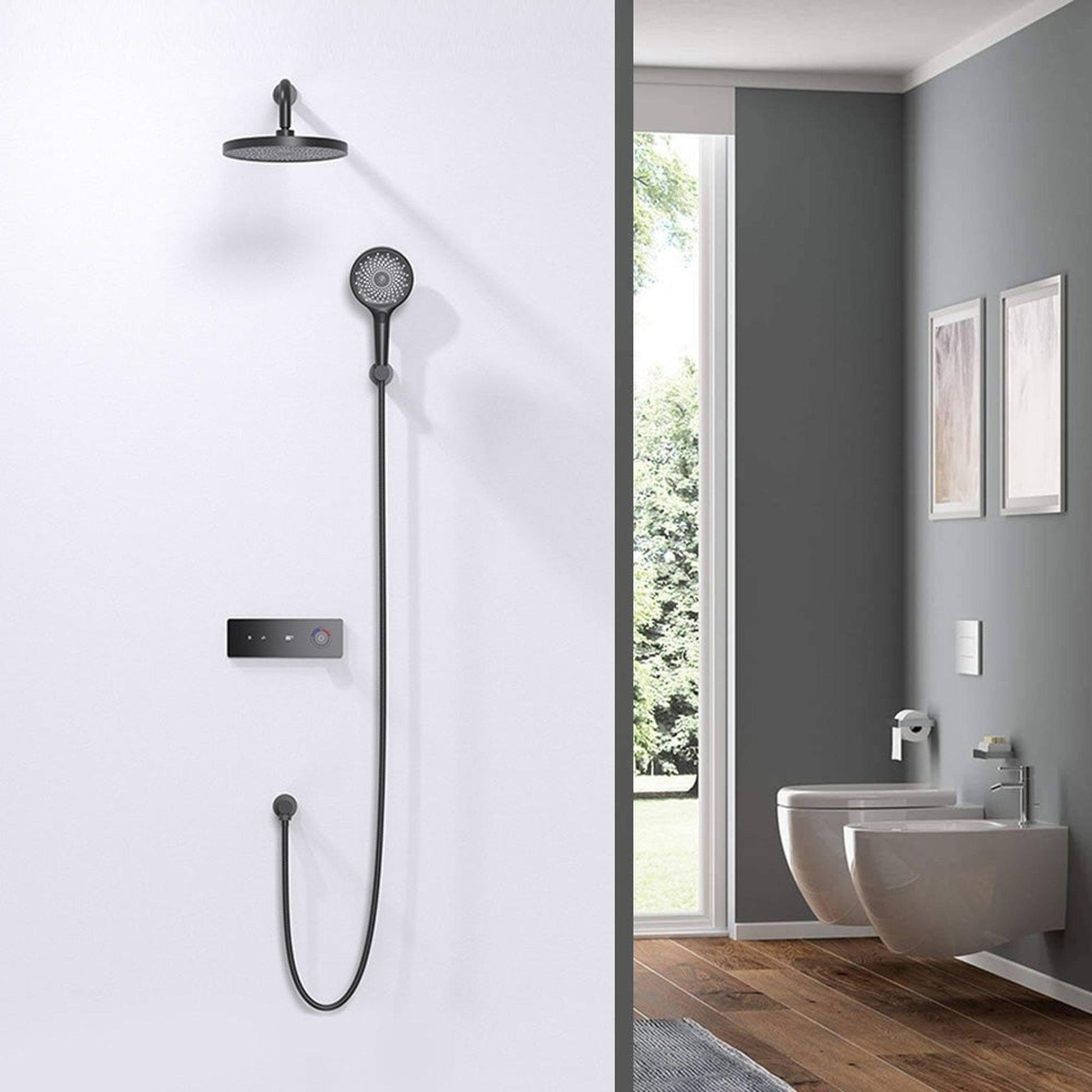 Fontana Novarra Creative Luxury Matte Black Round Wall-Mounted Rainfall Shower System With Hand Shower and Digital Shower Mixer