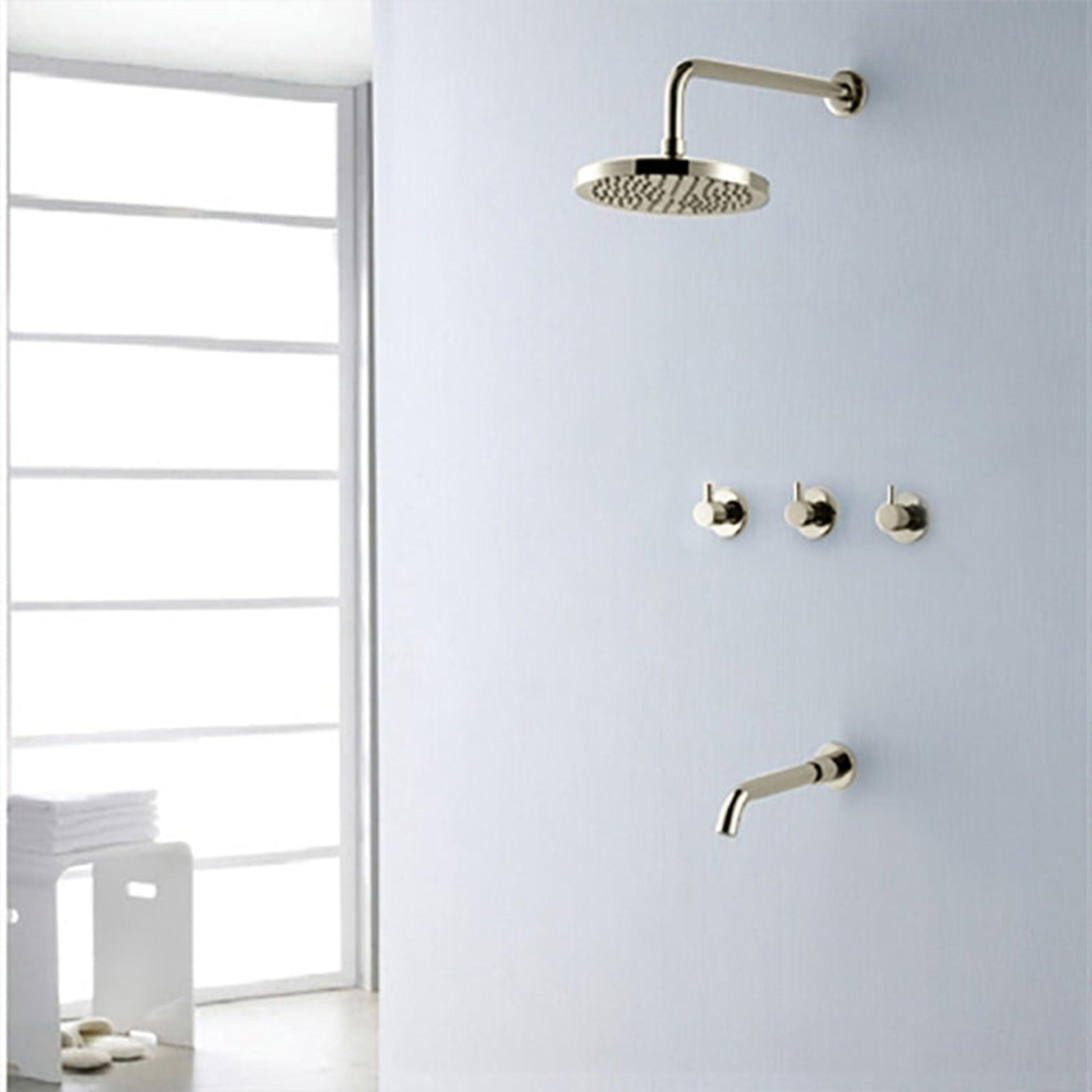 Fontana Oceana 10" Brushed Nickel Round Ceiling Mounted Rainfall Shower Head Faucet Set With or Without Water Powered LED Lights