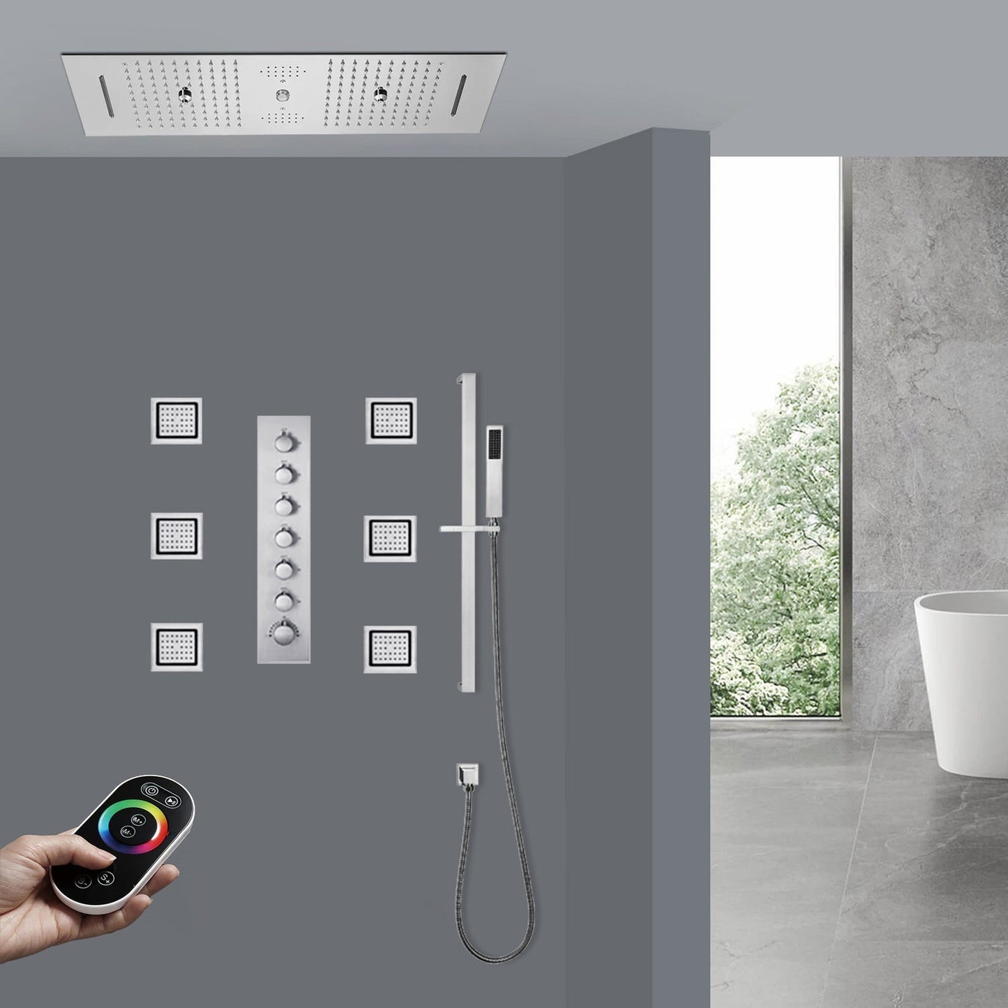 Fontana Palermo Chrome Recessed Ceiling Mounted Musical Thermostatic Remote Controlled Luxurious LED Rainfall Waterfall Mist Shower System With 6-Jet Body Sprays and Hand Shower