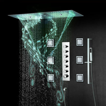 Fontana Palermo Chrome Recessed Ceiling Mounted Musical Thermostatic Remote Controlled Luxurious LED Rainfall Waterfall Mist Shower System With 6-Jet Body Sprays and Hand Shower