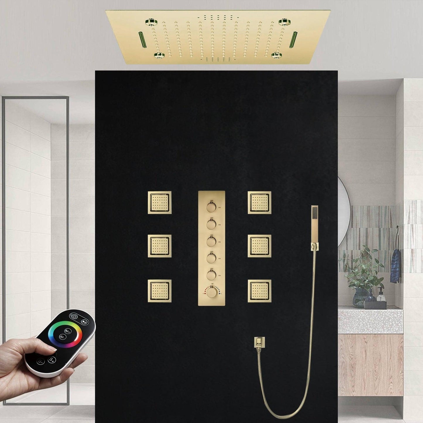 Fontana Palermo Chrome Recessed Ceiling Mounted Musical Thermostatic Remote Controlled Luxurious LED Rainfall Waterfall Mist Shower System With 6-Jet Body Sprays and Hand Shower