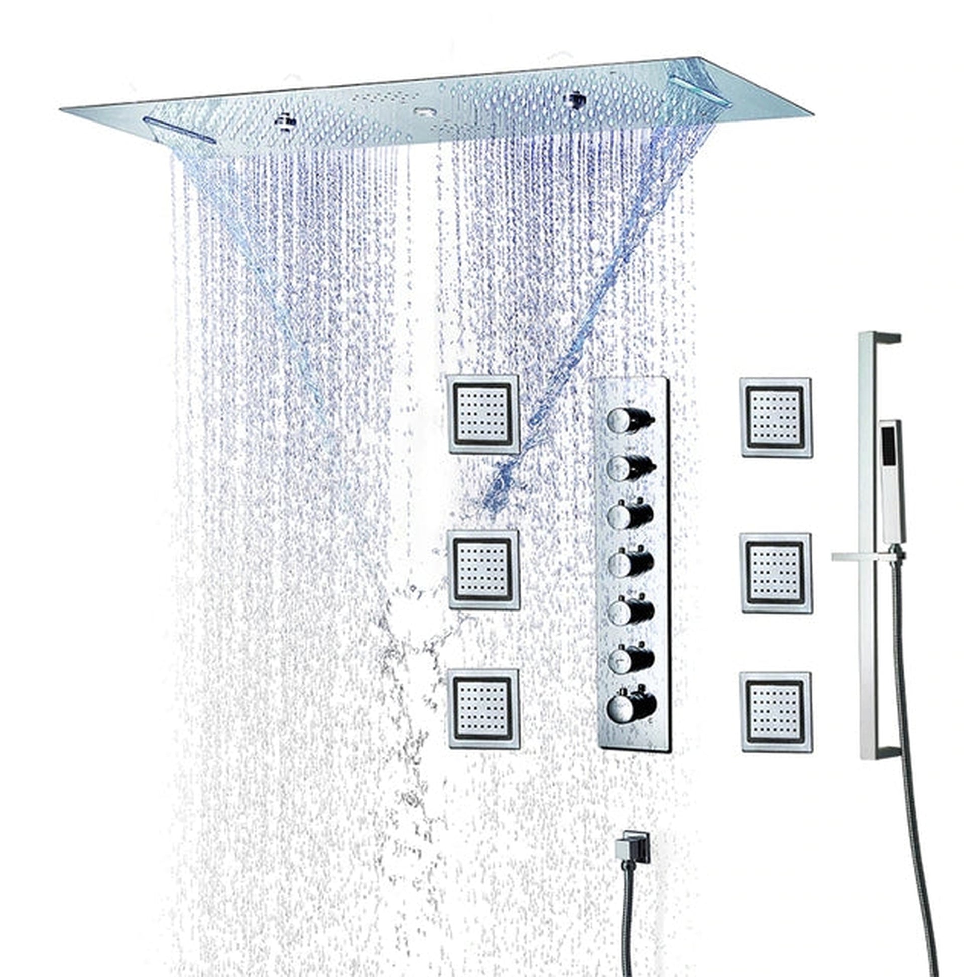 Fontana Palermo Chrome Recessed Ceiling Mounted Musical Thermostatic Remote Controlled Luxurious LED Rainfall Waterfall Mist Shower System With 6-Jet Body Sprays and Hand Shower